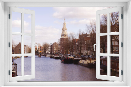 Fototapeta Naklejka Na Ścianę Okno 3D - Amsterdam canals and typical houses with clear spring skies, Holland, Netherlands