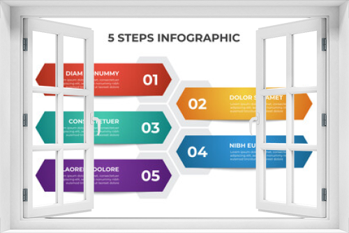 Colorful 5 points of steps, with hexagonal list layout diagram, infographic element template