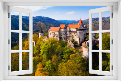 Fall view from drone of medieval Pernstejn Castle, Czech Republic