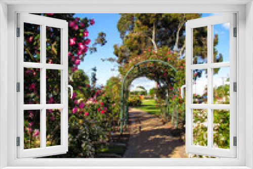 Fototapeta Naklejka Na Ścianę Okno 3D - Outdoor rose garden with footpath leading to an arch covered by foliage. The unpaved footpath is planked by pink roses on the left and white roses on the right. The path is made of dirt and gravels.