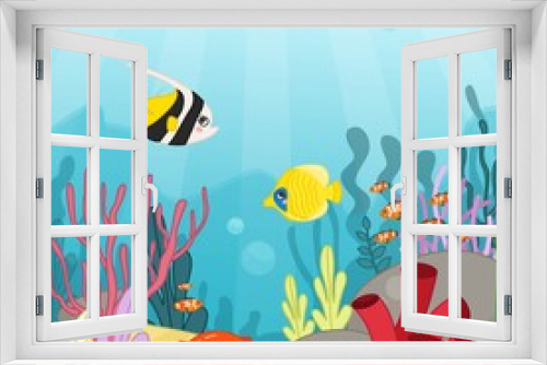 Fototapeta Naklejka Na Ścianę Okno 3D - Illustration of a undersea world
 landscape in cartoon style. Tropical fish swim among corals and algae.
