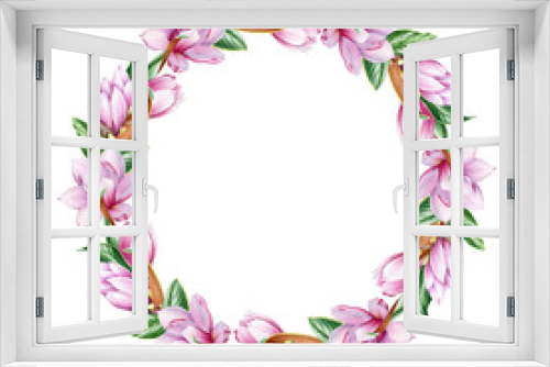 Fototapeta Naklejka Na Ścianę Okno 3D - Magnolia flower wreath. Watercolor illustration. Tender pink magnolia flowers in round decoration. Elegant wreath from spring blossoms with green leaf. On white background