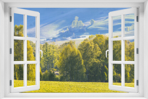 Fototapeta Naklejka Na Ścianę Okno 3D - Spring view, forest on the background of a mountain slope in the morning light