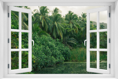 Fototapeta Naklejka Na Ścianę Okno 3D - Caribbean jungle. Mountains, palm trees and many green bushes