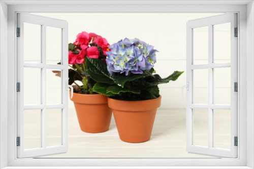 Fototapeta Naklejka Na Ścianę Okno 3D - Different beautiful blooming plants in flower pots on white wooden table