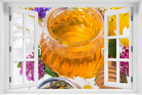 Fototapeta Naklejka Na Ścianę Okno 3D - fresh flower honey, tea and ingredients, vertical top view