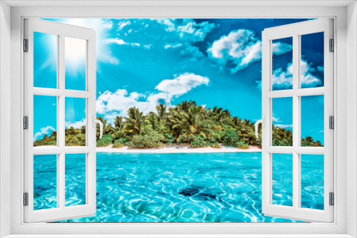 Fototapeta Naklejka Na Ścianę Okno 3D - Whole tropical island within atoll in tropical Ocean on a summer day. Uninhabited and wild subtropical isle with palm trees. Equatorial part of the ocean, tropical island resort.