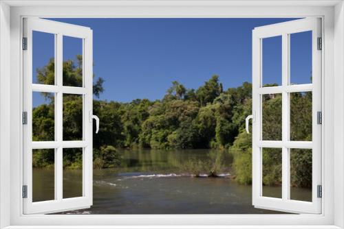 Fototapeta Naklejka Na Ścianę Okno 3D - Tropical rainforest landscape. View of the Iguazu river flowing across the jungle. Beautiful green and lush vegetation foliage and texture. 