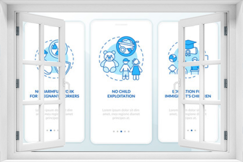 Migrant workers rights blue onboarding mobile app page screen with concepts. Immigrants walkthrough 5 steps graphic instructions. UI, UX, GUI vector template with linear color illustrations