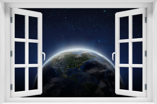 Fototapeta Naklejka Na Ścianę Okno 3D - Earth on space. Blue Planet Earth view from outer space show North & South America, USA. World Global in Universe, Star field, Galaxy, Nebula. Earth 3D render -Elements of this image furnished by NASA