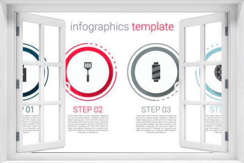 Set Paper shopping bag, Spatula, Sewing thread on spool and Casino chips. Business infographic template. Vector