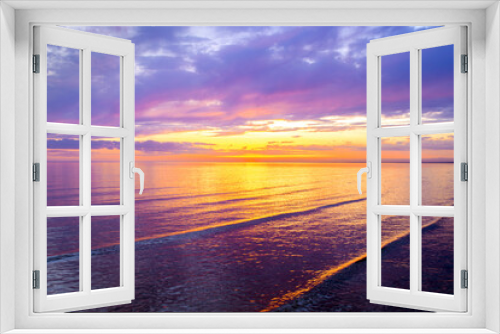 Fototapeta Naklejka Na Ścianę Okno 3D - Colorful clouds on sunset, with beautiful reflection on sea water. Evening summer scenery view. Baltic Sea in Jurmala resort, Latvia. Relax, vacation concept