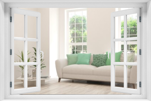 White living room with sofa and summer landscape in window. Scandinavian interior design. 3D illustration