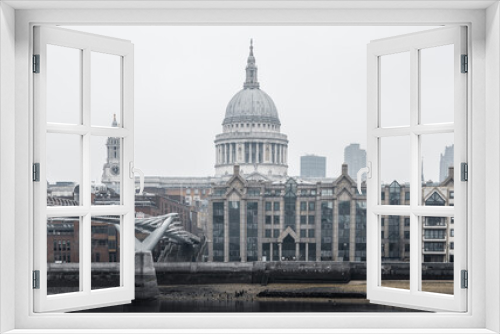 Fototapeta Naklejka Na Ścianę Okno 3D - City of London and St. Pauls cathedral in raining, misty day view from the River Thames. Empty streets of London during national lockdown UK, 2021