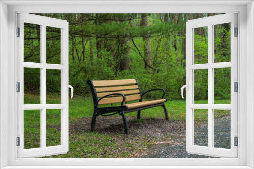 Fototapeta Naklejka Na Ścianę Okno 3D - Park Bench Amid Green Foliage