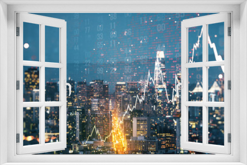 Fototapeta Naklejka Na Ścianę Okno 3D - Double exposure of abstract creative financial chart hologram and world map on San Francisco city skyscrapers background, research and strategy concept