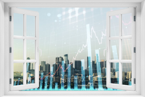 Fototapeta Naklejka Na Ścianę Okno 3D - Multi exposure of virtual abstract financial diagram on Los Angeles office buildings background, banking and accounting concept