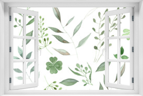 Fototapeta Naklejka Na Ścianę Okno 3D - Hand painted Watercolor Seamless Botanical Pattern on white background. Green Illustration for design