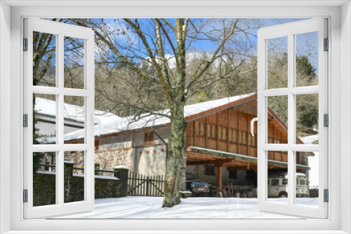 Fototapeta Naklejka Na Ścianę Okno 3D - Wooden house in the snowy mountain, Sopuerta Bizkaia