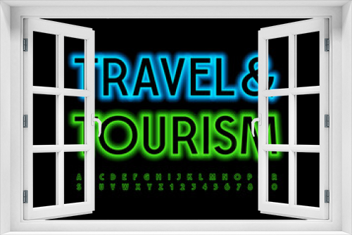 Vector advertising logo Travel and Tourism. Green Neon Font. Glowing Alphabet Letters and Numbers set