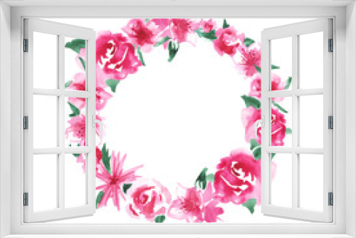 Fototapeta Naklejka Na Ścianę Okno 3D - Frame wreath of delicate watercolor roses. For greeting card, background, wedding invitation. Picturesque illustration.