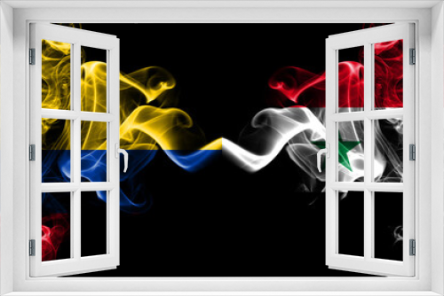 Colombia, Colombian vs Syria, Syrian smoky mystic flags placed side by side. Thick colored silky abstract smokes flags.
