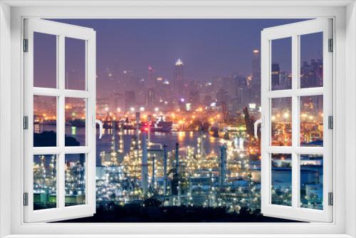 Fototapeta Naklejka Na Ścianę Okno 3D - Oil Refinery Industry Evening City Backdrop