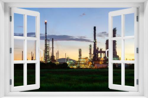 Fototapeta Naklejka Na Ścianę Okno 3D - Oil refinery plant industry zone, Aerial view oil and gas petrochemical Refinery factory oil storage tank and pipeline steel at , Ecosystem and Safety  Twilight sky