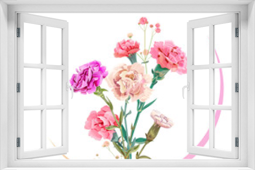 Fototapeta Naklejka Na Ścianę Okno 3D - Round Mother's Day, Victory Day card with carnation: red, pink, flowers, twigs gypsophile, white background. Templates for design, vintage botanical illustration in watercolor style, vector