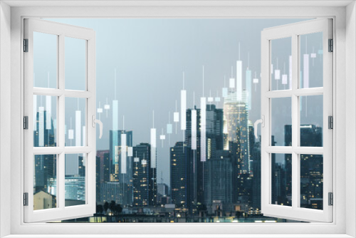 Fototapeta Naklejka Na Ścianę Okno 3D - Abstract virtual financial graph hologram on Los Angeles skyline background, forex and investment concept. Multiexposure