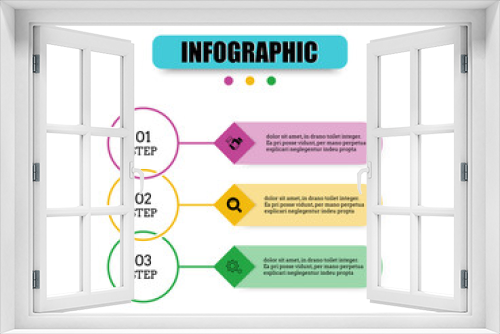 Circles together are chain and squares come together to presents three steps. Vector design presentation business infographic template with 3 options. Use presents workflow layout, banner, web design.