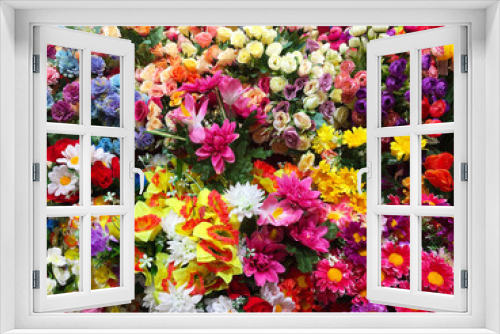 Fototapeta Naklejka Na Ścianę Okno 3D - Artificial flowers counter is an alternative to live flowers. Flowers from paper and fabric. Artificial flowers are created as realistic as possible. Decor for weddings and funerals.
