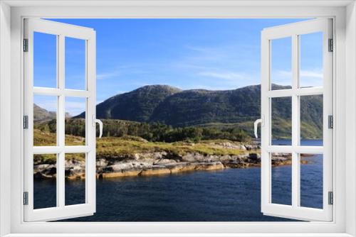 Fototapeta Naklejka Na Ścianę Okno 3D - Norway fiord landscape. Fafjorden fiord in Bremanger municipality of Vestland county. Bremangerlandet island in background.