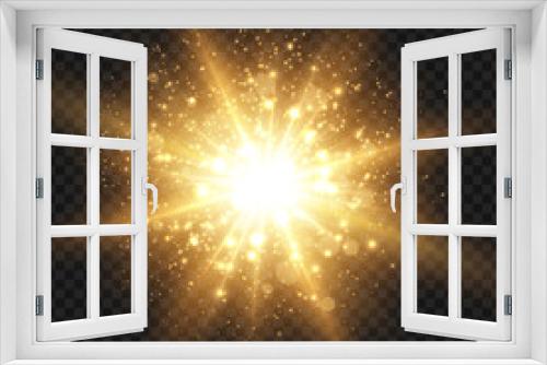 Fototapeta Naklejka Na Ścianę Okno 3D - Starburst with sparkles and rays. Golden light flare effect with stars and glitter isolated on transparent background. Vector illustration of shiny glow star with stardust and big ray, gold lens flare