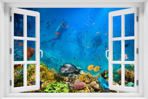 Fototapeta Naklejka Na Ścianę Okno 3D - Group of scuba divers exploring coral reef. Underwater sports and tropical vacation concept