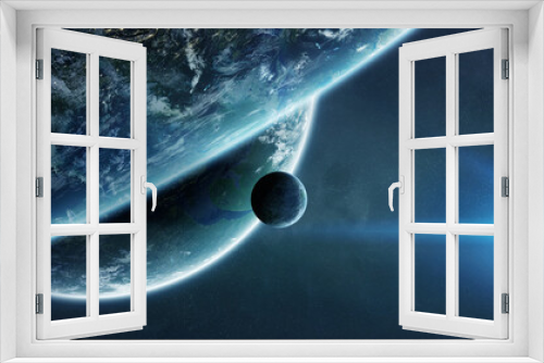 Fototapeta Naklejka Na Ścianę Okno 3D - Panoramic space planets background. Panorama of distant solar system with exoplanets 3D rendering elements of this image furnished by NASA