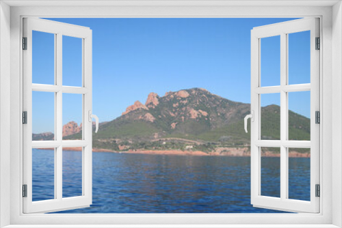 Fototapeta Naklejka Na Ścianę Okno 3D - Scenic panoramic landscape of the town of the sea country in the morning. Beautiful view of the sea and mountains. Seascape with coast of island. Skyline view from yacht in the sea.