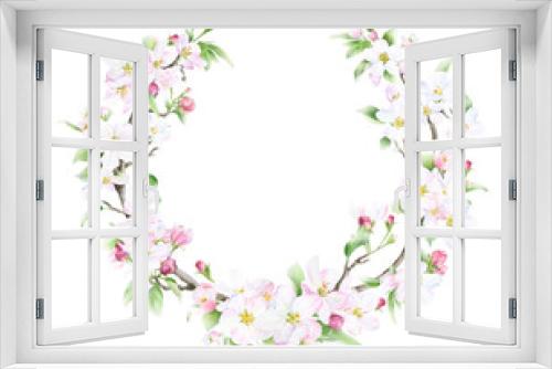 Fototapeta Naklejka Na Ścianę Okno 3D - Floral spring frame of the blooming apple branches with the pink flowers and green leaves hand drawn in watercolor isolated on a white background. Floral watercolor illustration.