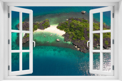 Fototapeta Naklejka Na Ścianę Okno 3D - Tropical island with sandy with tourists and blue sea, aerial view. Lahos Island, Caramoan Islands, Philippines. Summer and travel vacation concept.