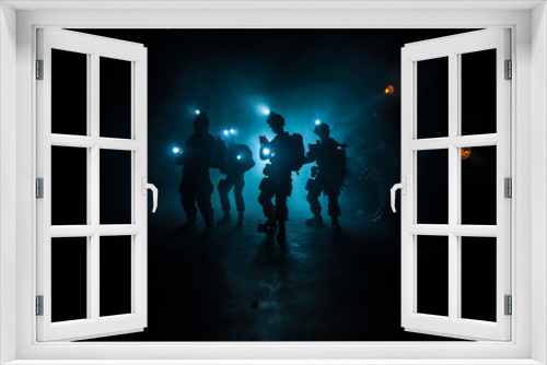 Fototapeta Naklejka Na Ścianę Okno 3D - Anti-riot police give signal to be ready. Government power concept. Police in action. Smoke on a dark background with lights. Blue red flashing sirens. Dictatorship power