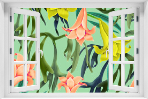 Fototapeta Naklejka Na Ścianę Okno 3D - Colourful Seamless Pattern with tropic flowers and leaves. Hi quality fashion design. Fresh and unique botanical background