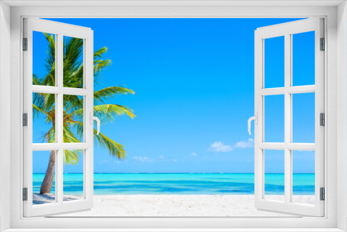 Fototapeta Naklejka Na Ścianę Okno 3D - Banner of idyllic tropical beach with white sand, palm tree and turquoise blue ocean