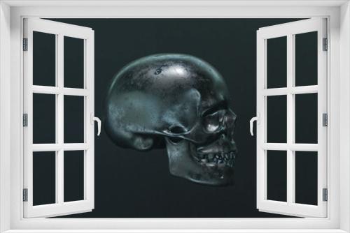 Fototapeta Naklejka Na Ścianę Okno 3D - Menschlicher Schädel solo [Profil] Silber - vor dunkelgrünem Hintergrund | 3D Render Illustration 8K