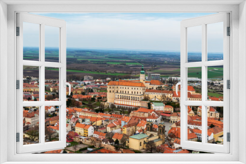 Mikulov town and rural landscape on czech - austrian borderland from Svaty kopecek hill in Palava mountains in Czech republic