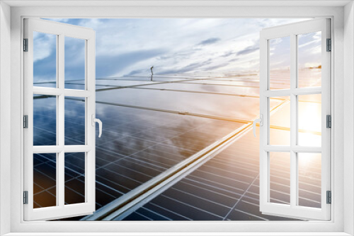 Fototapeta Naklejka Na Ścianę Okno 3D - Photovoltaic panel, new technology for store and use the power from the nature with human life, sustainable energy and environmental friend concept.