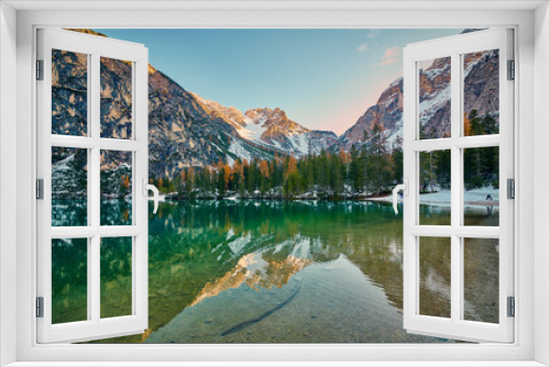 Fototapeta Naklejka Na Ścianę Okno 3D - The beautiful Braies lake in late autumn with a little snow, Pearl of the Dolomite lakes is an UNESCO heritage and is located in the Braies Alto Adige,Italy