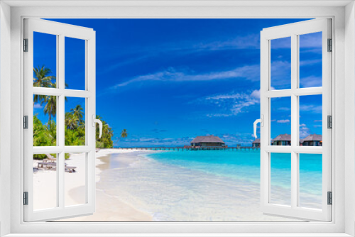 Fototapeta Naklejka Na Ścianę Okno 3D - Island view of Maldives island, luxury water villas resort and wooden pier. Beautiful sky and ocean lagoon beach, palms sand. Summer vacation holiday and travel concept. Paradise shore coast landscape