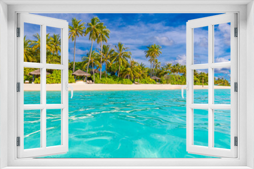 Fototapeta Naklejka Na Ścianę Okno 3D - Beautiful tropical banner, ocean lagoon palm tree. White sand, sea view horizon vibrant colors shore, blue sky, calmness relaxation nature. Inspirational beach resort hotel landscape. Summer vacation