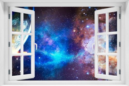 Fototapeta Naklejka Na Ścianę Okno 3D - Panoramic view of the Earth, sun, star and galaxy. Sunrise over planet Earth, view from space . Elements of this image furnished by NASA