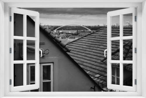 Fototapeta Naklejka Na Ścianę Okno 3D - Bratislava cityscape with houses and A|pollo bridge in black and white, Slovakia